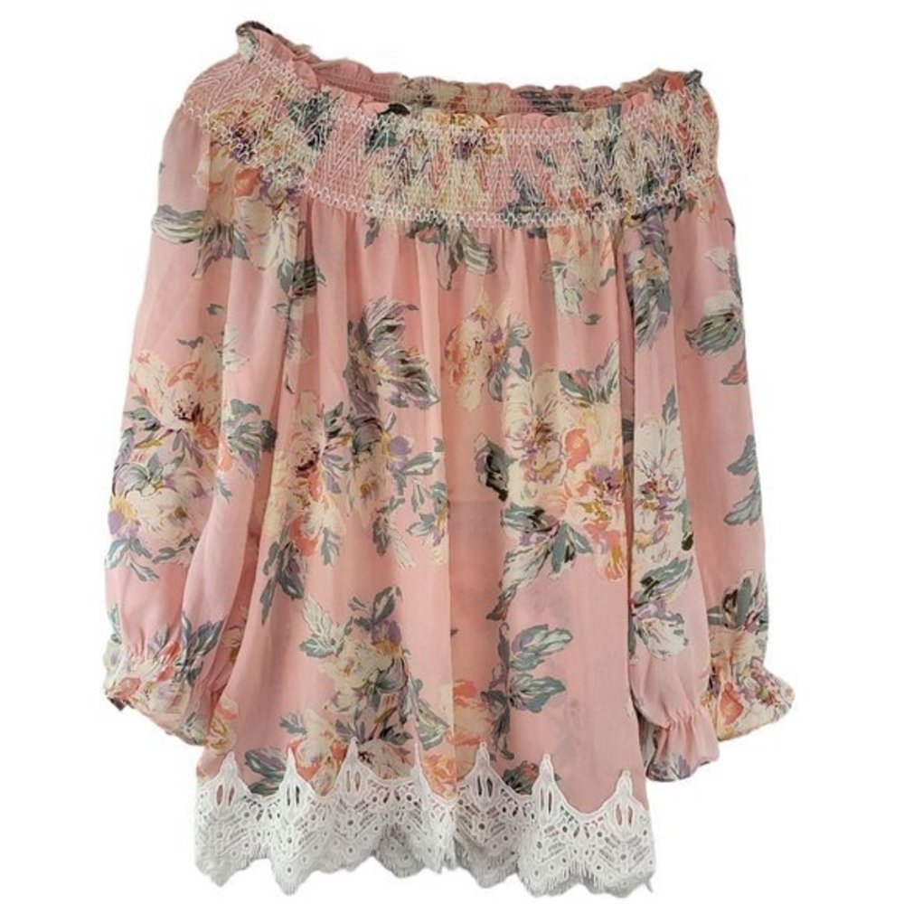 Entro Womens Small Pink Floral Cold Shoulder 3/4 Sleeve Embroidered‎ Lace Shirt